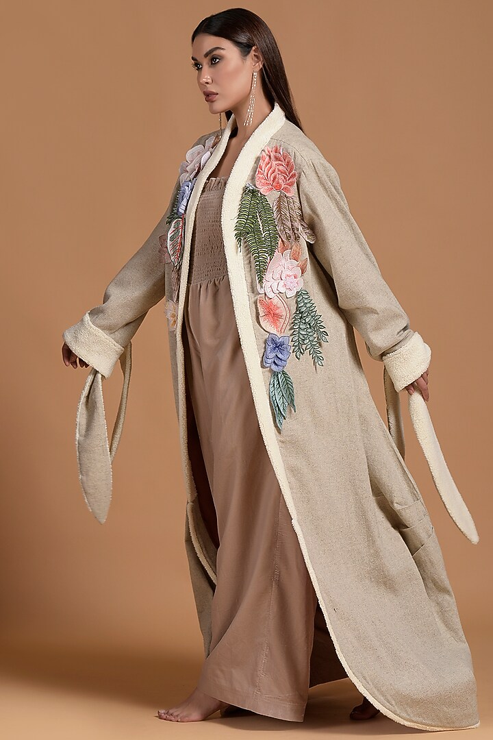 Beige Wool & Viscose Embroidered Abaya With Jumpsuit by Amore Mio by Hitu at Pernia's Pop Up Shop