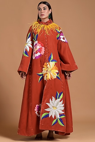Orange Poly Velvet Embroidered Abaya by Amore Mio by Hitu