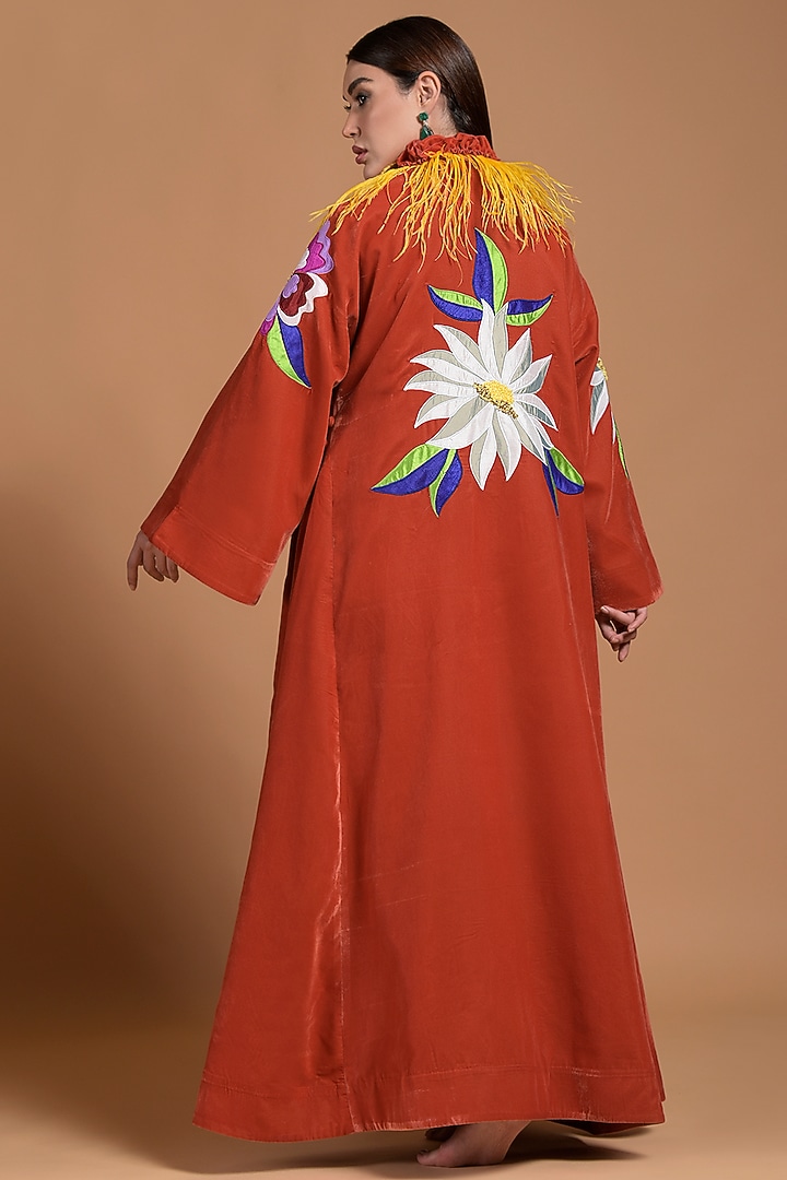 Orange Poly Velvet Embroidered Abaya by Amore Mio by Hitu at Pernia's Pop Up Shop