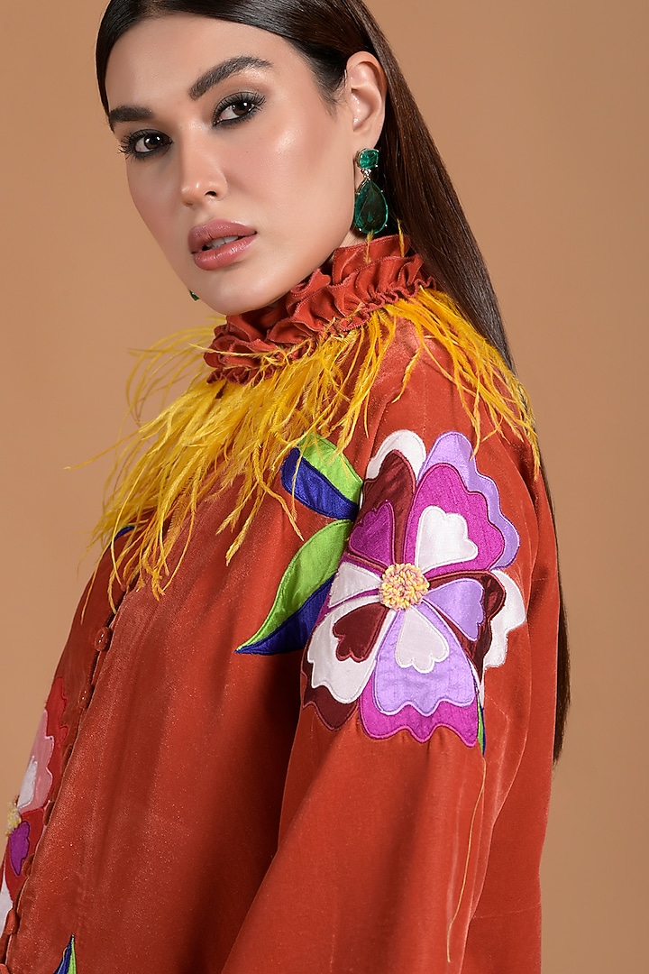 Orange Poly Velvet Embroidered Abaya by Amore Mio by Hitu at Pernia's Pop Up Shop