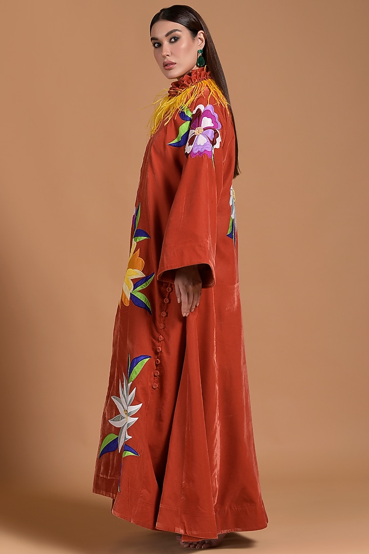Orange Poly Velvet Embroidered Abaya by Amore Mio by Hitu at Pernia's Pop Up Shop