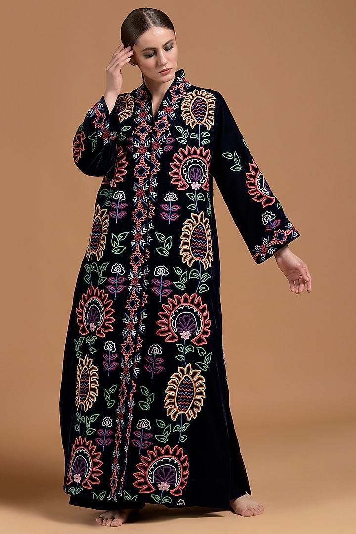 Navy Blue Poly Velvet Embroidered Abaya by Amore Mio by Hitu