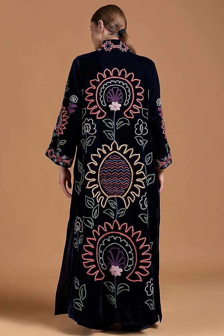 Navy Blue Poly Velvet Embroidered Abaya by Amore Mio by Hitu at Pernia's Pop Up Shop