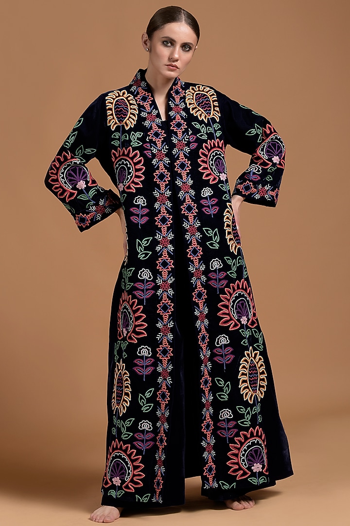 Navy Blue Poly Velvet Embroidered Abaya by Amore Mio by Hitu at Pernia's Pop Up Shop
