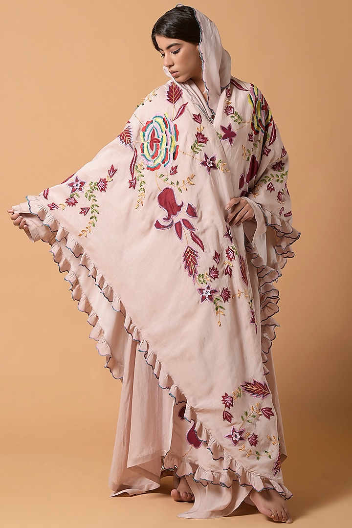 Peach Beige Silk Linen Patchwork Embroidered Cape Set by Amore Mio by Hitu
