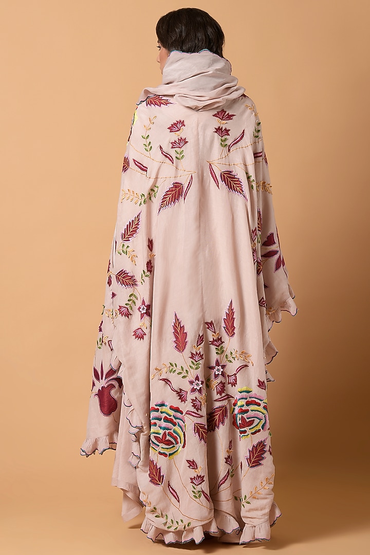 Peach Beige Silk Linen Patchwork Embroidered Cape Set by Amore Mio by Hitu at Pernia's Pop Up Shop