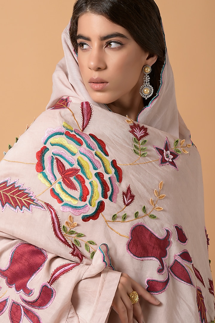 Peach Beige Silk Linen Patchwork Embroidered Cape Set by Amore Mio by Hitu at Pernia's Pop Up Shop