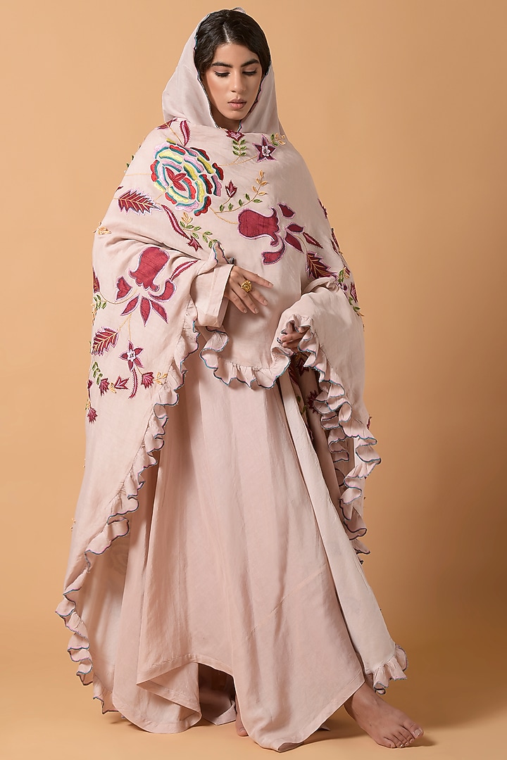 Peach Beige Silk Linen Patchwork Embroidered Cape Set by Amore Mio by Hitu at Pernia's Pop Up Shop