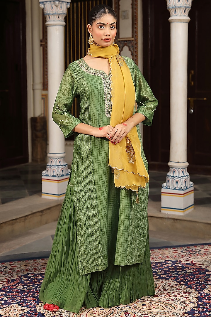 Green Silk Chanderi Thread Work & Hand Block Printed Kurta Set by AMOREE