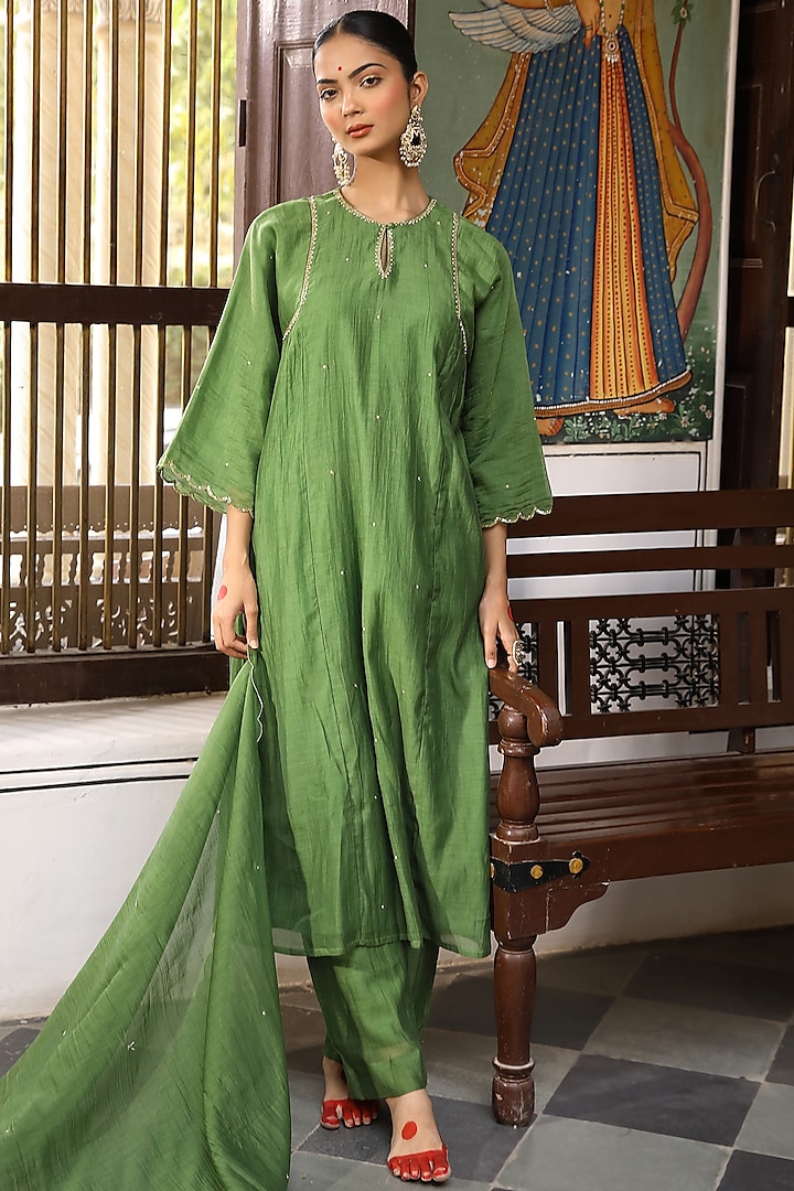 Green Cotton Chanderi Aari & Sequins Work Kurta Set by AMOREE