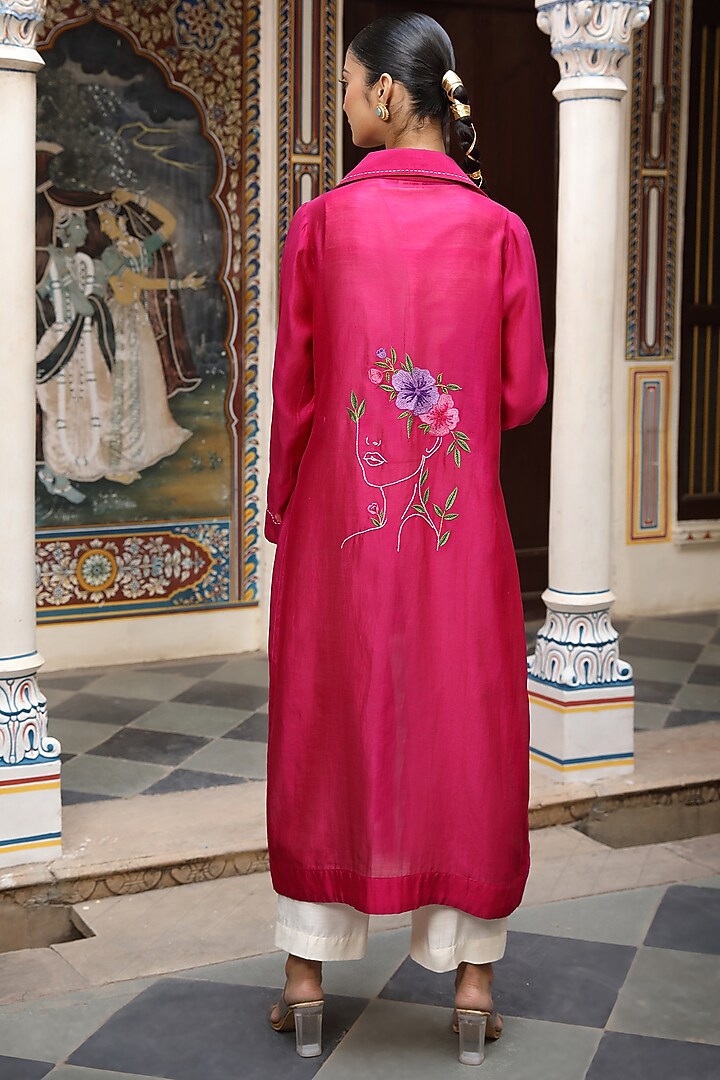 Hot Pink Silk Chanderi Thread Embroidered Jacket Set by AMOREE at Pernia's Pop Up Shop