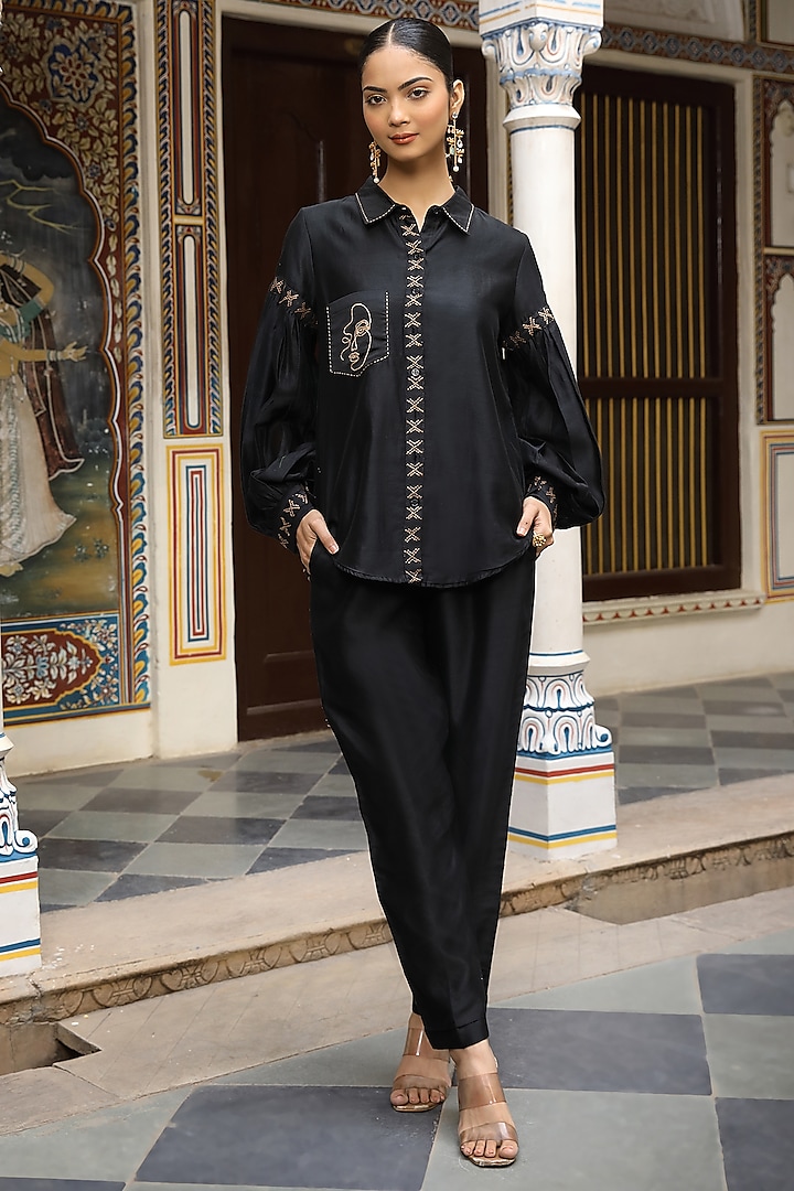 Black Silk Chanderi Thread Embroidered Co-Ord Set by AMOREE