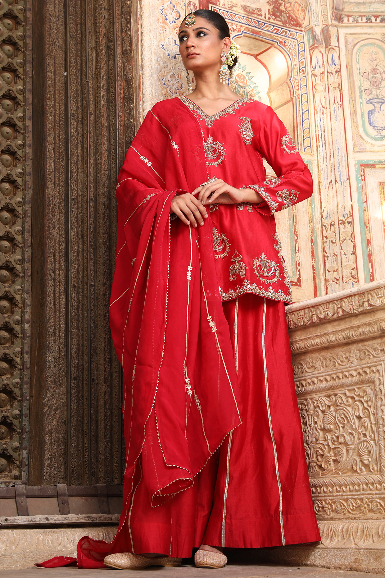 Red Silk Embroidered Wedding Sharara Set by AMOREE at Pernia's Pop Up Shop