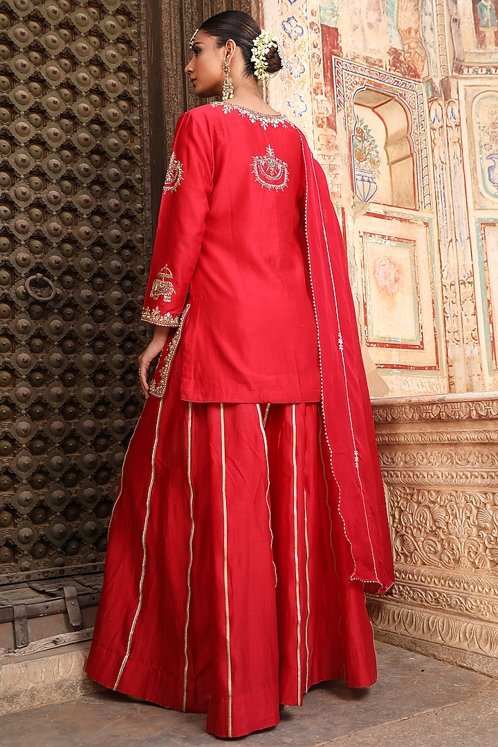 Red Silk Embroidered Wedding Sharara Set by AMOREE at Pernia's Pop Up Shop