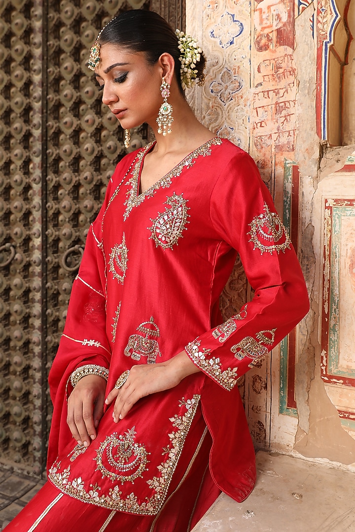 Red Silk Embroidered Wedding Sharara Set by AMOREE at Pernia's Pop Up Shop