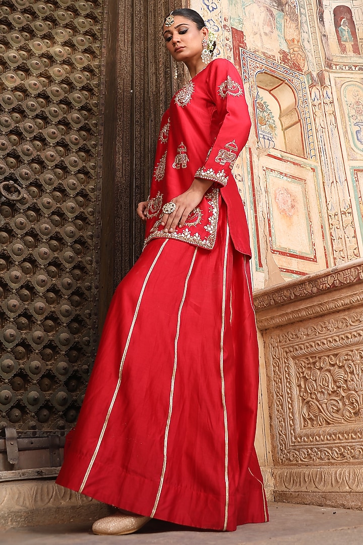 Red Silk Embroidered Wedding Sharara Set by AMOREE at Pernia's Pop Up Shop