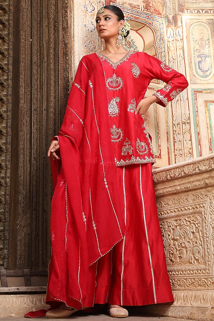 Red Silk Embroidered Wedding Sharara Set by AMOREE at Pernia's Pop Up Shop