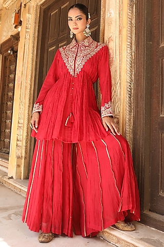 Red Handloom Silk Hand Embroidered Sharara Set by AMOREE