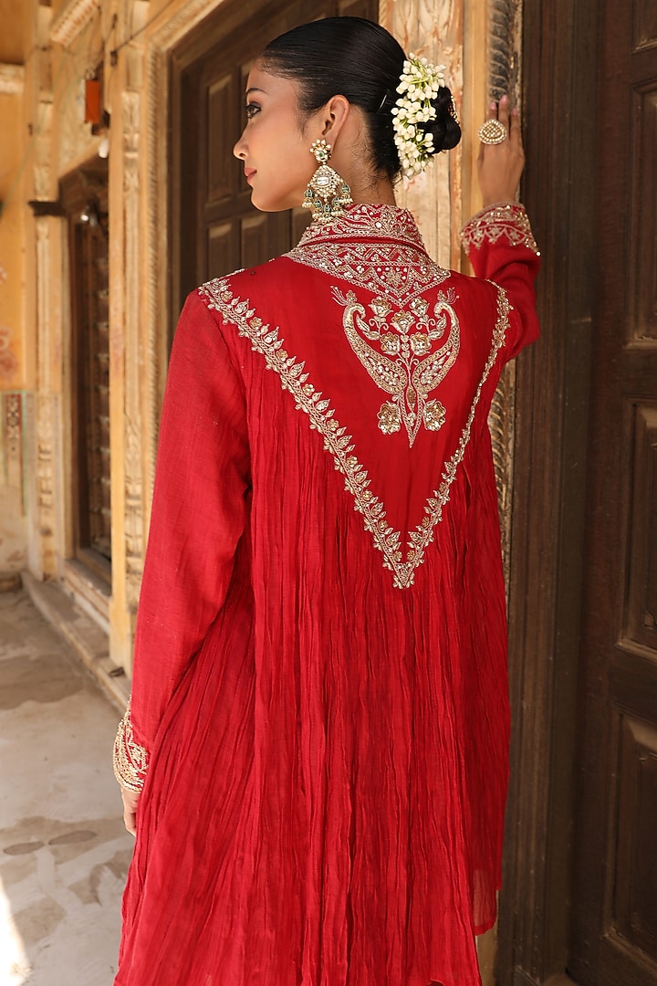 Red Handloom Silk Hand Embroidered Wedding Sharara Set by AMOREE at Pernia's Pop Up Shop