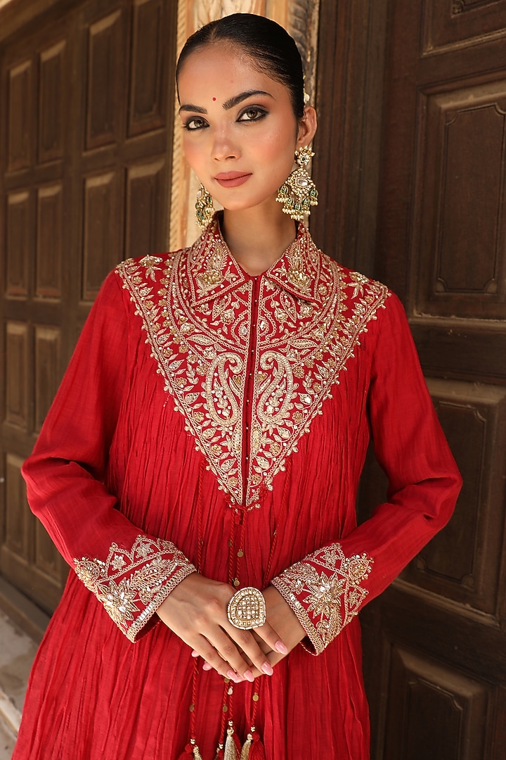 Red Handloom Silk Hand Embroidered Wedding Sharara Set by AMOREE at Pernia's Pop Up Shop