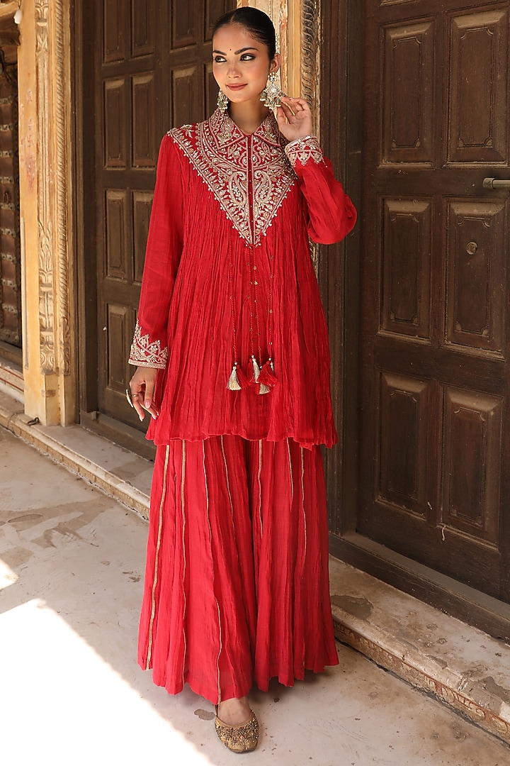 Red Handloom Silk Hand Embroidered Wedding Sharara Set by AMOREE at Pernia's Pop Up Shop