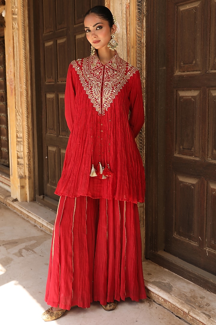 Red Handloom Silk Hand Embroidered Wedding Sharara Set by AMOREE at Pernia's Pop Up Shop