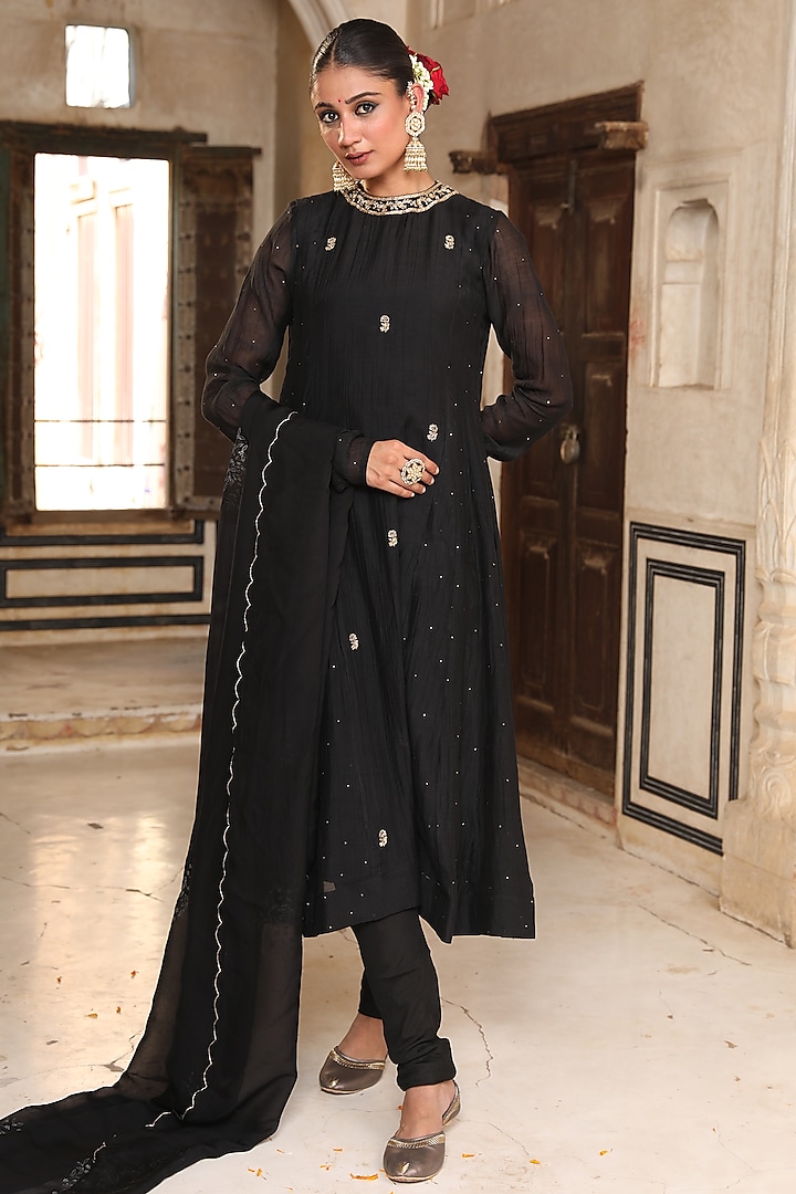 Black Silk Zardosi Embroidered Wedding Anarkali Set by AMOREE at Pernia's Pop Up Shop