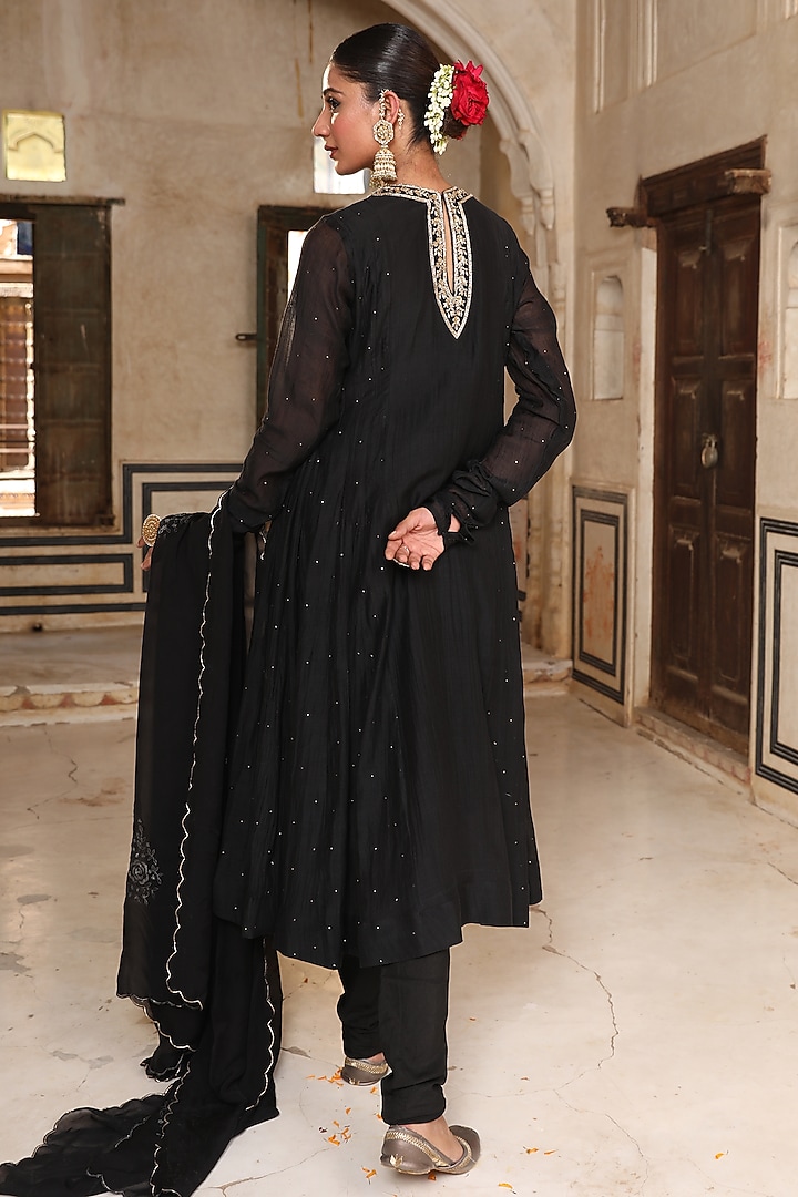Black Silk Zardosi Embroidered Wedding Anarkali Set by AMOREE at Pernia's Pop Up Shop