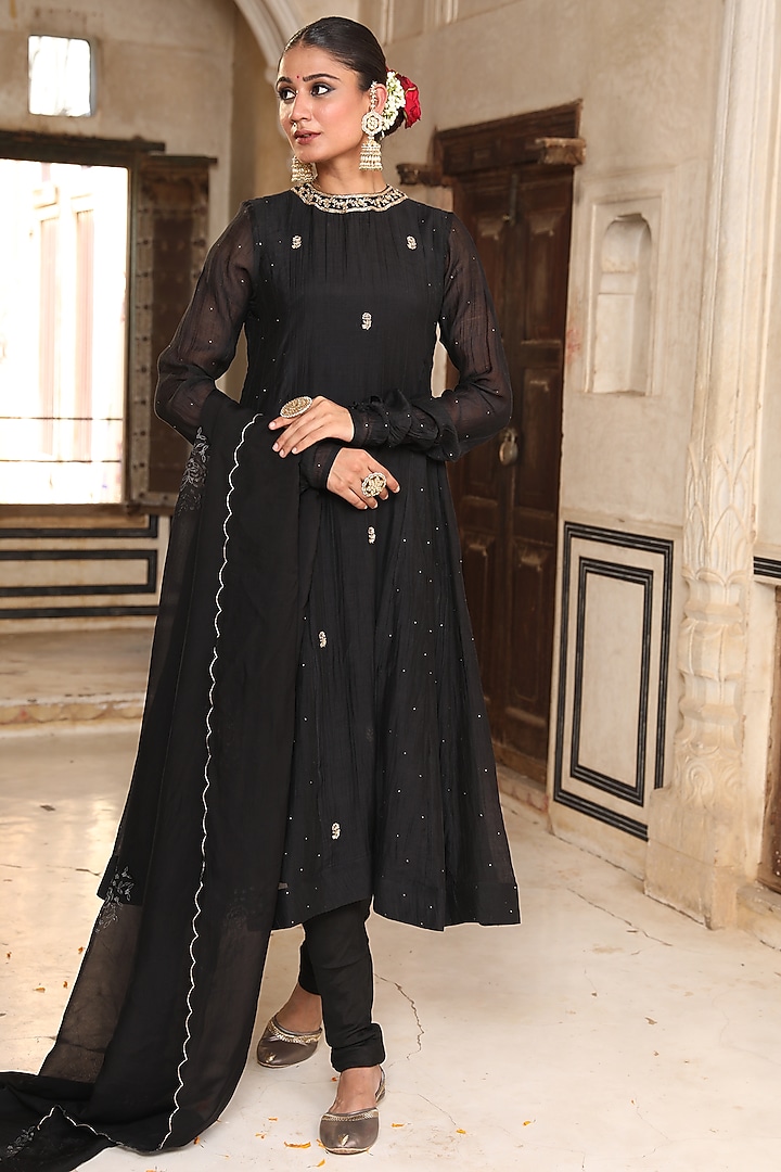Black Silk Zardosi Embroidered Wedding Anarkali Set by AMOREE at Pernia's Pop Up Shop