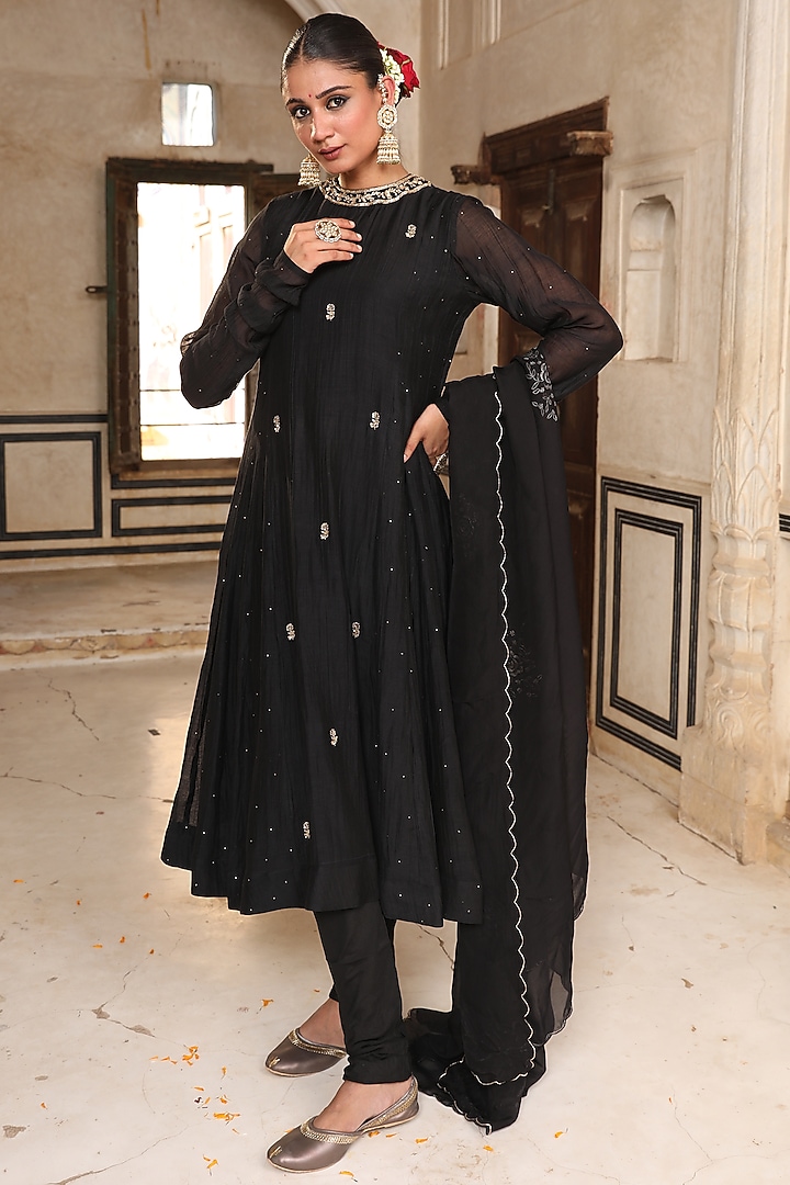 Black Silk Zardosi Embroidered Wedding Anarkali Set by AMOREE at Pernia's Pop Up Shop