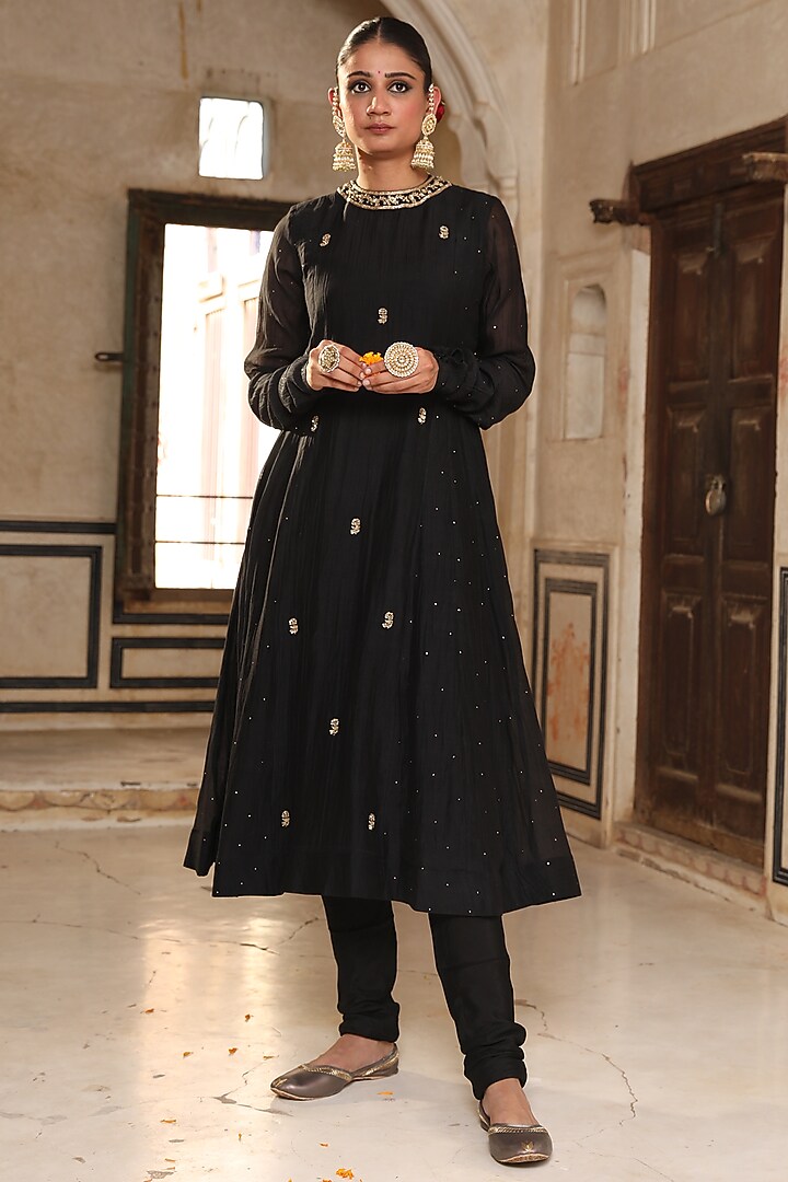 Black Silk Zardosi Embroidered Wedding Anarkali Set by AMOREE at Pernia's Pop Up Shop