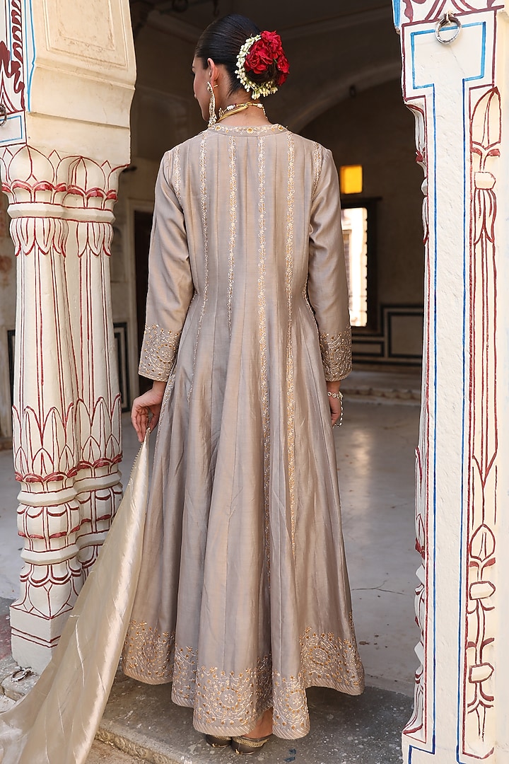 Silver Silk Hand Embroidered Wedding Anarkali Set by AMOREE at Pernia's Pop Up Shop