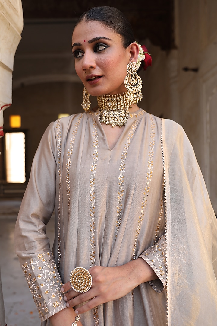 Silver Silk Hand Embroidered Wedding Anarkali Set by AMOREE at Pernia's Pop Up Shop