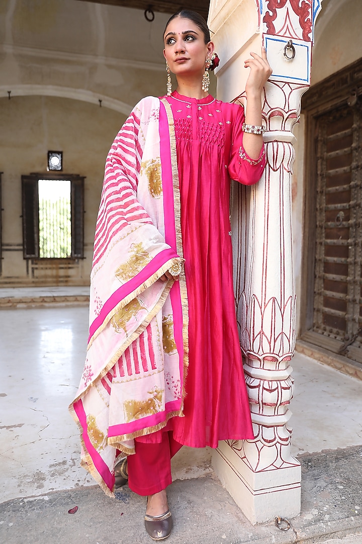 Rani Pink Designer Function Wear Semi-Stitched Anarkali Dress With Embroidery Work