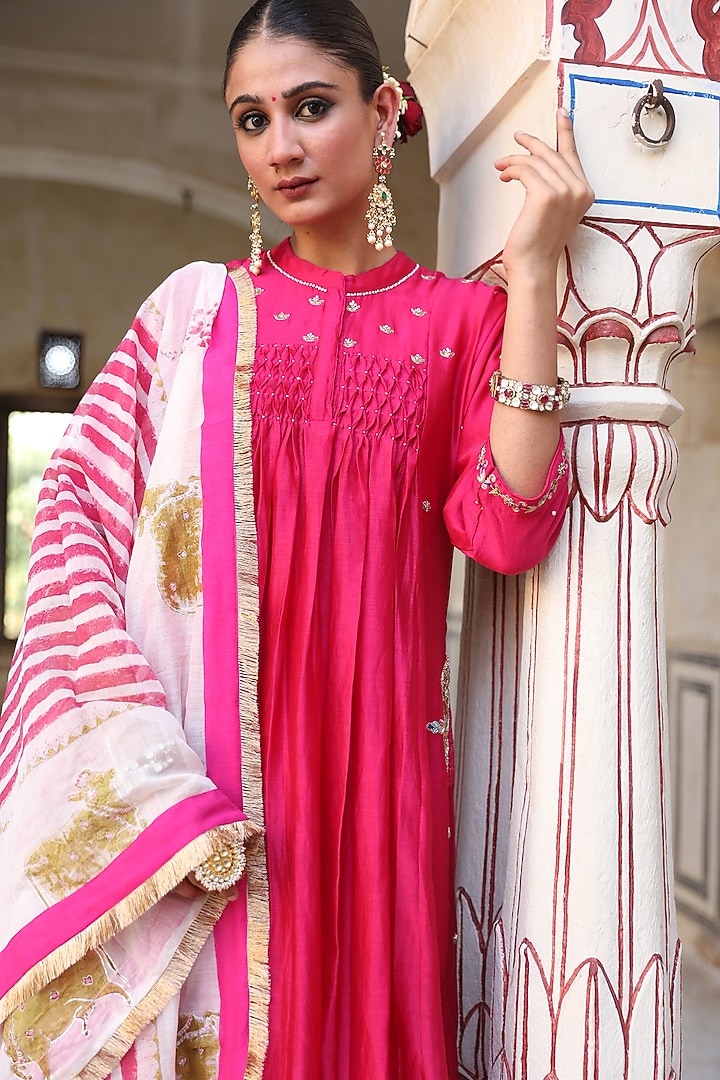 Rani Pink Silk Hand Embroidered Party Wear Anarkali Set by AMOREE at Pernia's Pop Up Shop