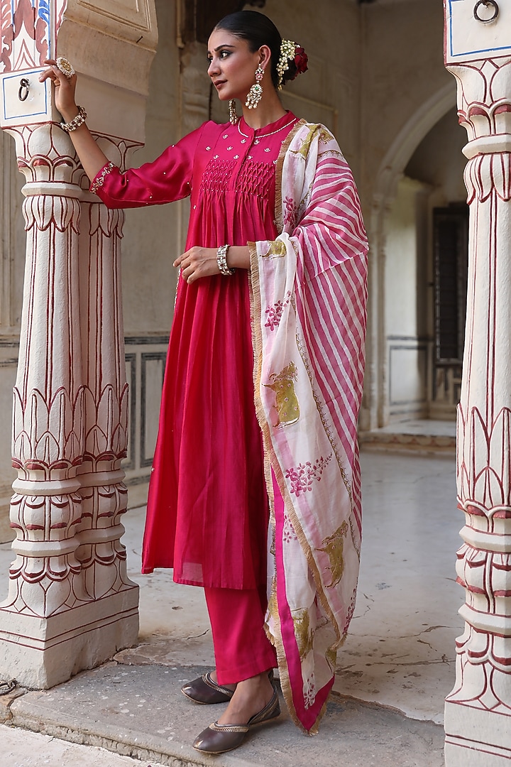 Rani Pink Silk Hand Embroidered Party Wear Anarkali Set by AMOREE at Pernia's Pop Up Shop