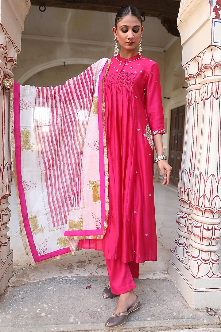 Rani Pink Silk Hand Embroidered Party Wear Anarkali Set by AMOREE at Pernia's Pop Up Shop
