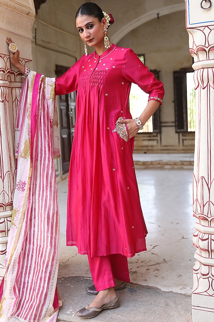 Rani Pink Silk Hand Embroidered Party Wear Anarkali Set by AMOREE at Pernia's Pop Up Shop
