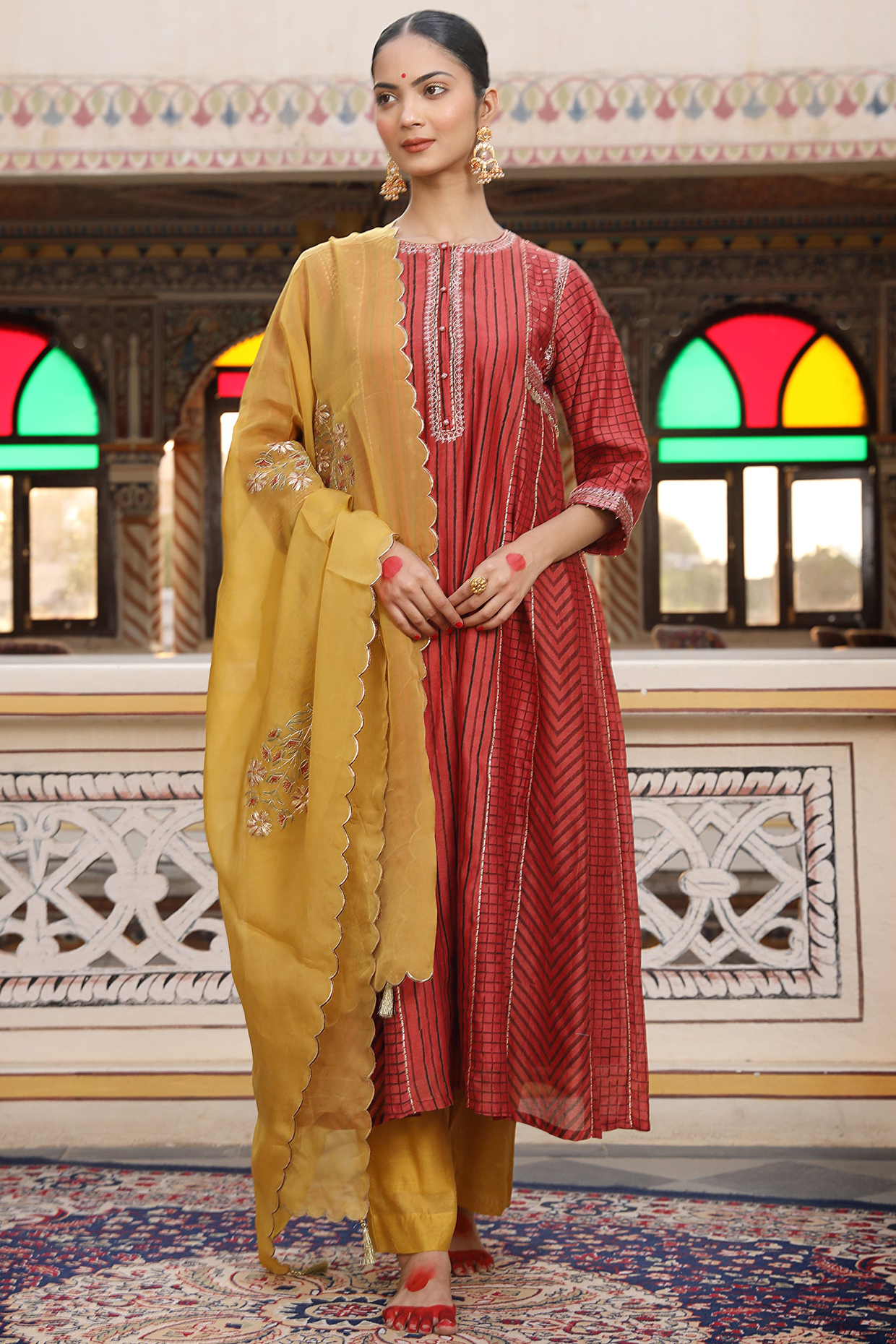 Orange Silk Chanderi Block Printed & Embroidered Wedding Anarkali Set by AMOREE at Pernia's Pop Up Shop