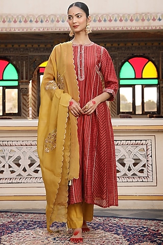 Orange Silk Chanderi Block Printed & Embroidered Anarkali Set by AMOREE
