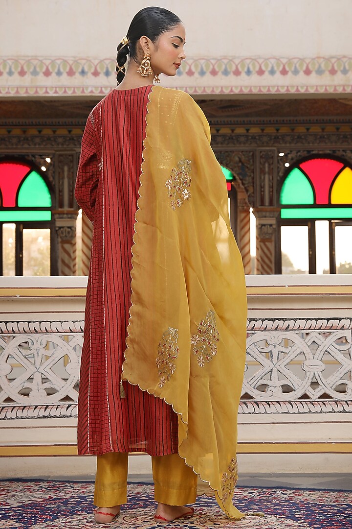 Orange Silk Chanderi Block Printed & Embroidered Party Wear Anarkali Set by AMOREE at Pernia's Pop Up Shop