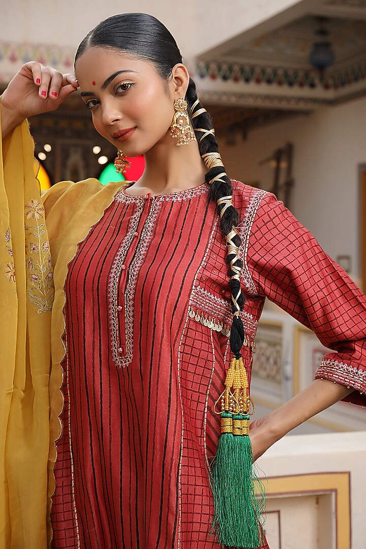 Orange Silk Chanderi Block Printed & Embroidered Party Wear Anarkali Set by AMOREE at Pernia's Pop Up Shop