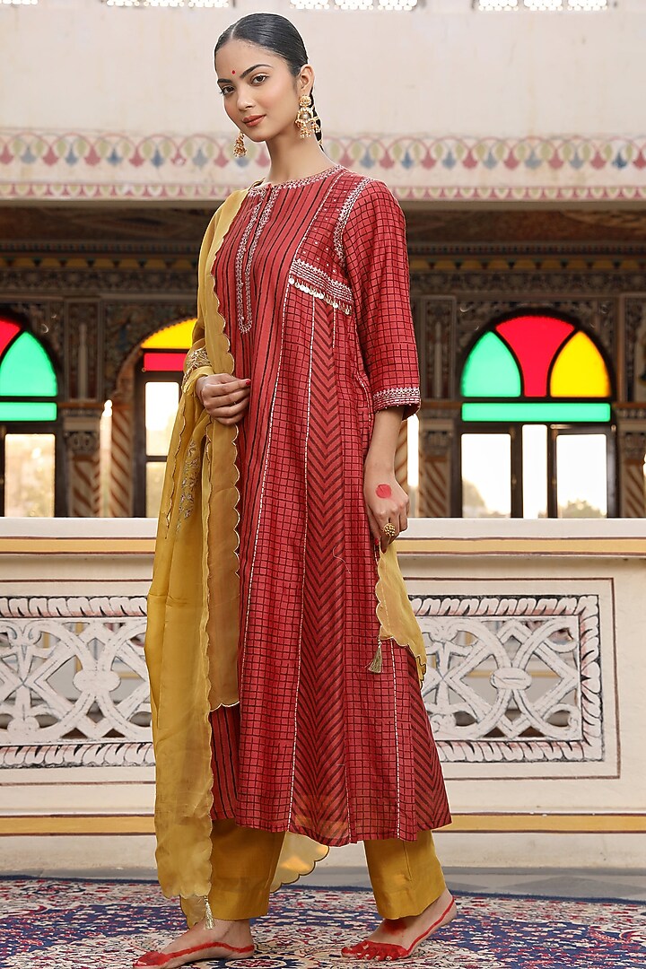 Orange Silk Chanderi Block Printed & Embroidered Party Wear Anarkali Set by AMOREE at Pernia's Pop Up Shop