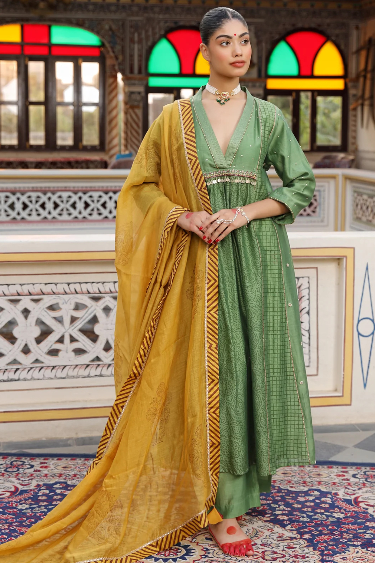 Green Silk Chanderi Hand Block Printed Wedding Anarkali Set by AMOREE at Pernia's Pop Up Shop