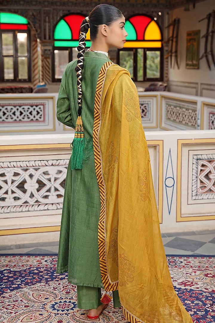 Green Silk Chanderi Hand Block Printed Wedding Anarkali Set by AMOREE at Pernia's Pop Up Shop