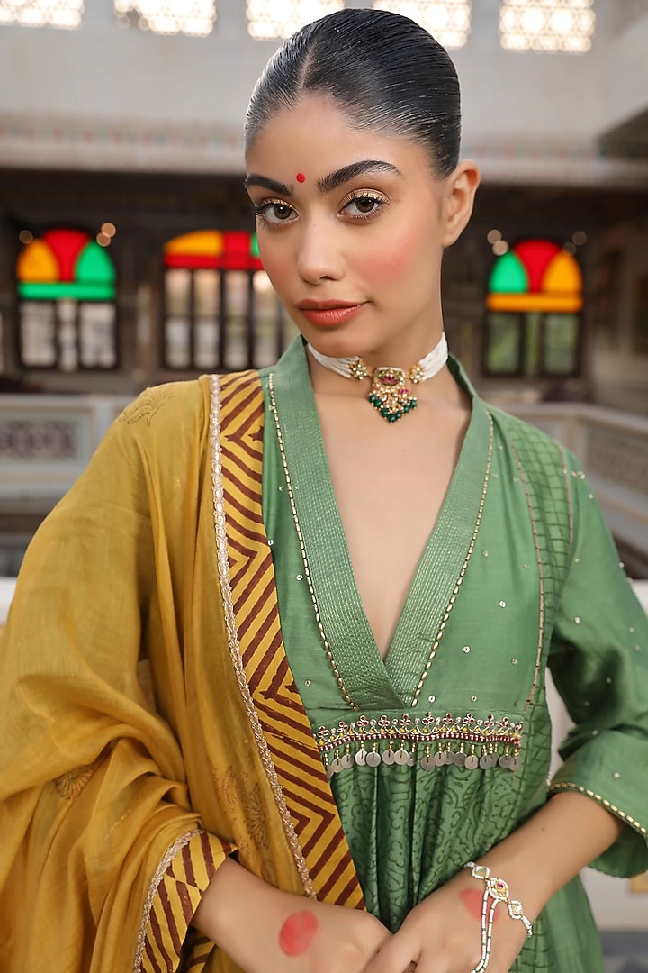 Green Silk Chanderi Hand Block Printed Wedding Anarkali Set by AMOREE at Pernia's Pop Up Shop