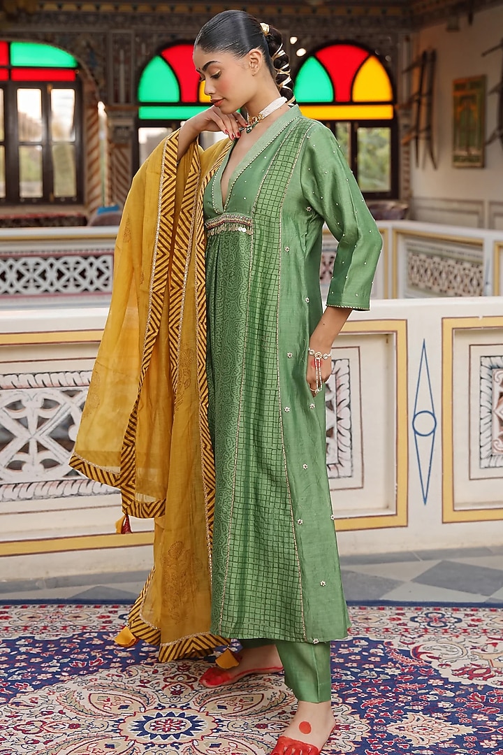 Green Silk Chanderi Hand Block Printed Wedding Anarkali Set by AMOREE at Pernia's Pop Up Shop