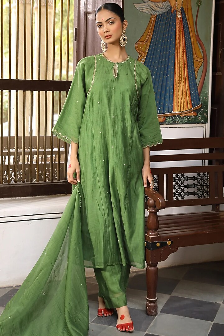 Green Cotton Chanderi Hand Embroidered Kurta Set by AMOREE at Pernia's Pop Up Shop