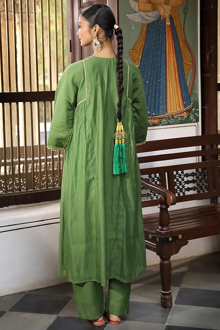 Green Cotton Chanderi Hand Embroidered Kurta Set by AMOREE at Pernia's Pop Up Shop