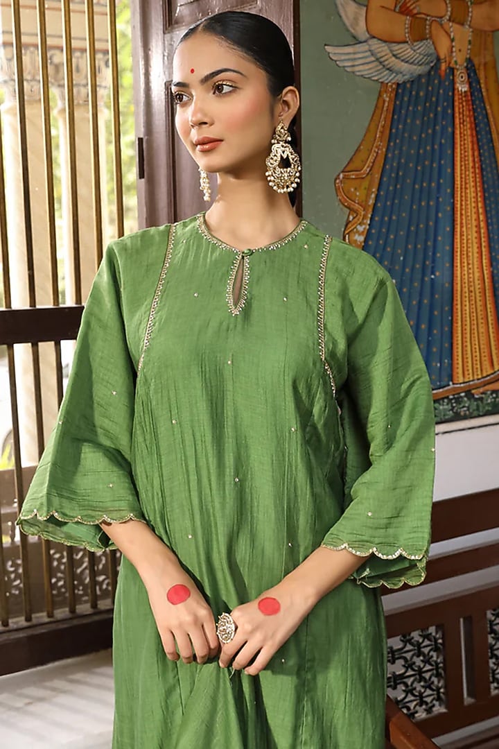Green Cotton Chanderi Hand Embroidered Kurta Set by AMOREE at Pernia's Pop Up Shop